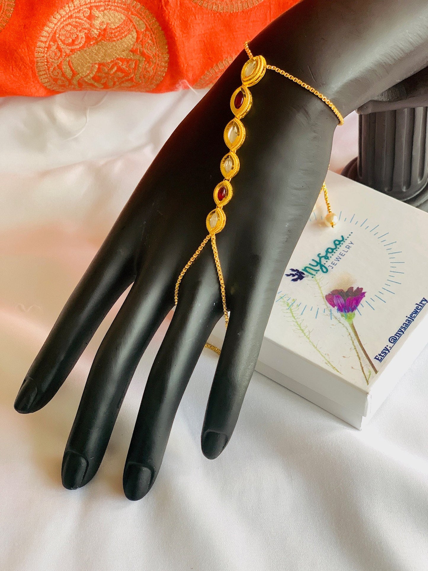 Rose Gold Plated CZ Stone Haath Panja: Indian Ring Bracelet