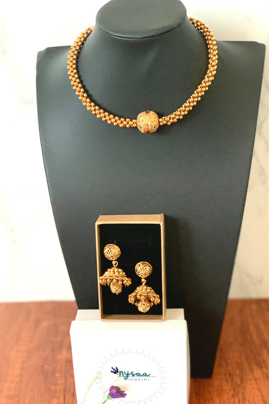 Gold Plated Thushi Choker Necklace with Jhumki Earrings: Maharashtrian Jewelry