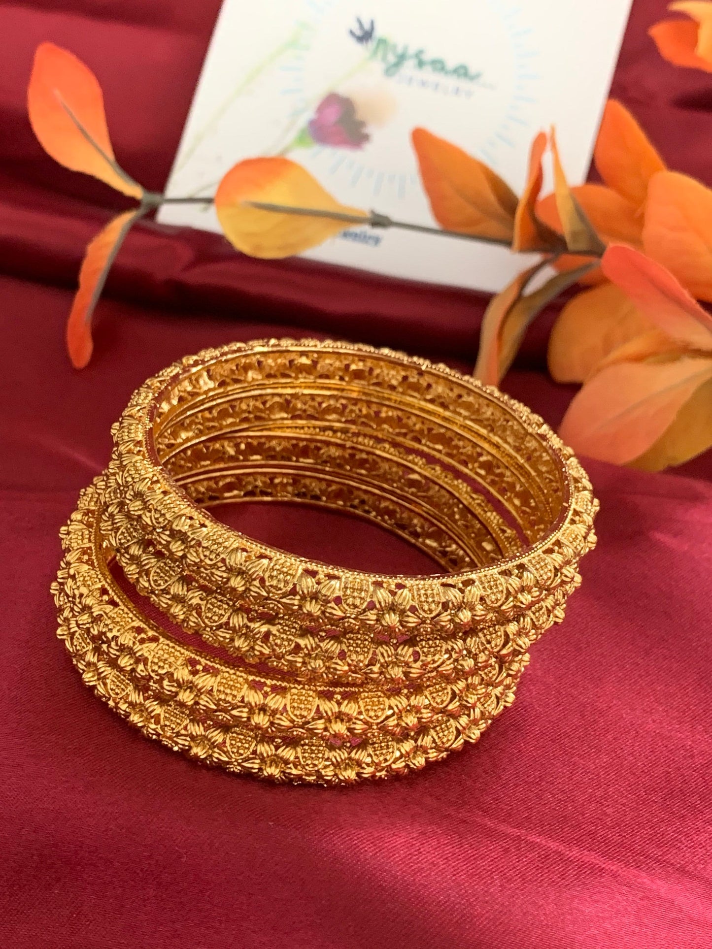 Gold Plated Indian Bangles: Flower Motif, Set of 4