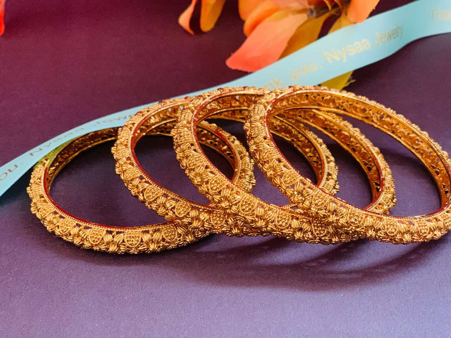Gold Plated Indian Bangles: Flower Motif, Set of 4