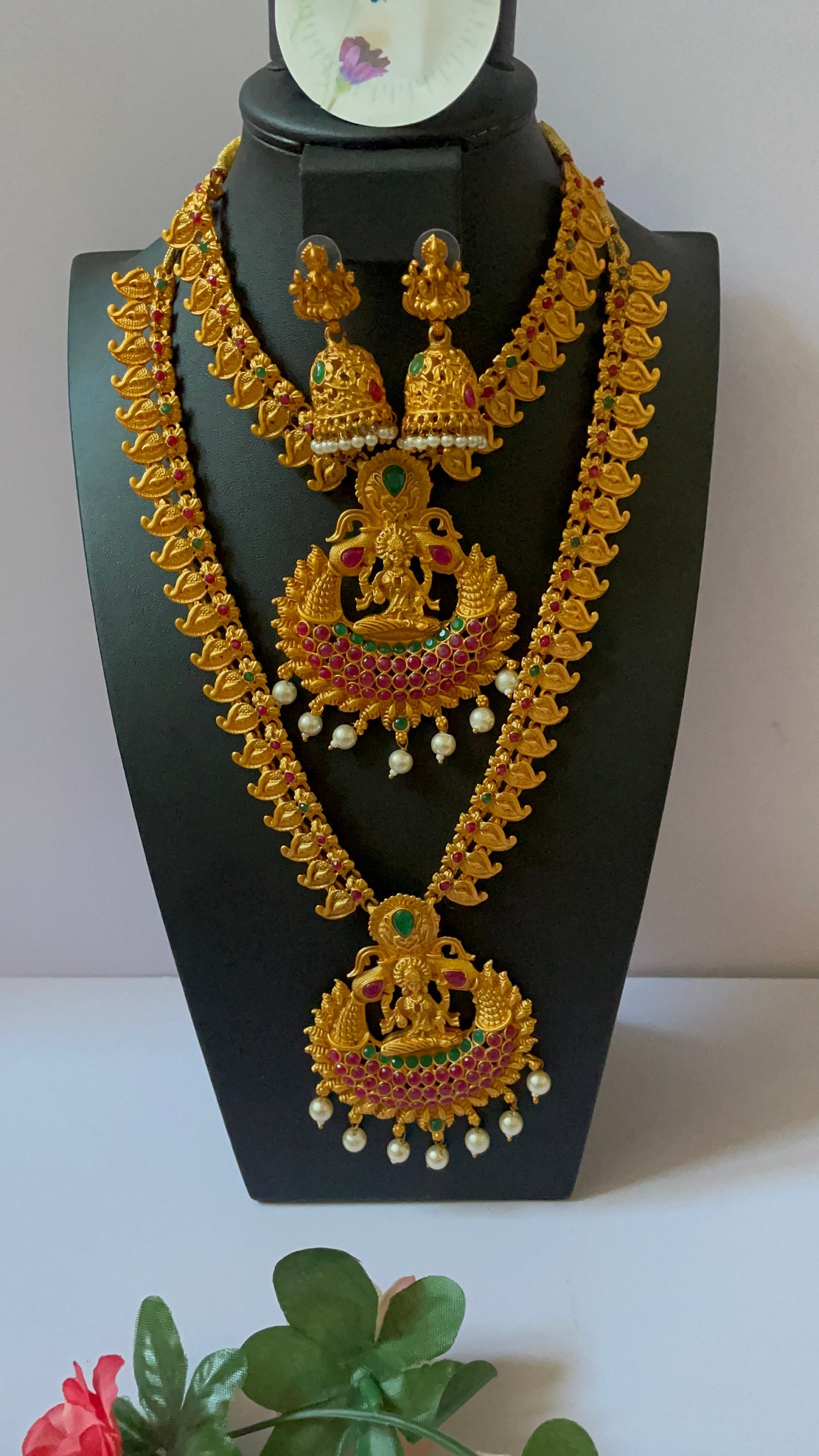 Gold plated set of two temple necklaces and earring