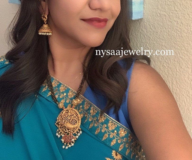 Restocked : Gold plated temple themed mangalsutra, black beaded ethnic necklace with jhumkis