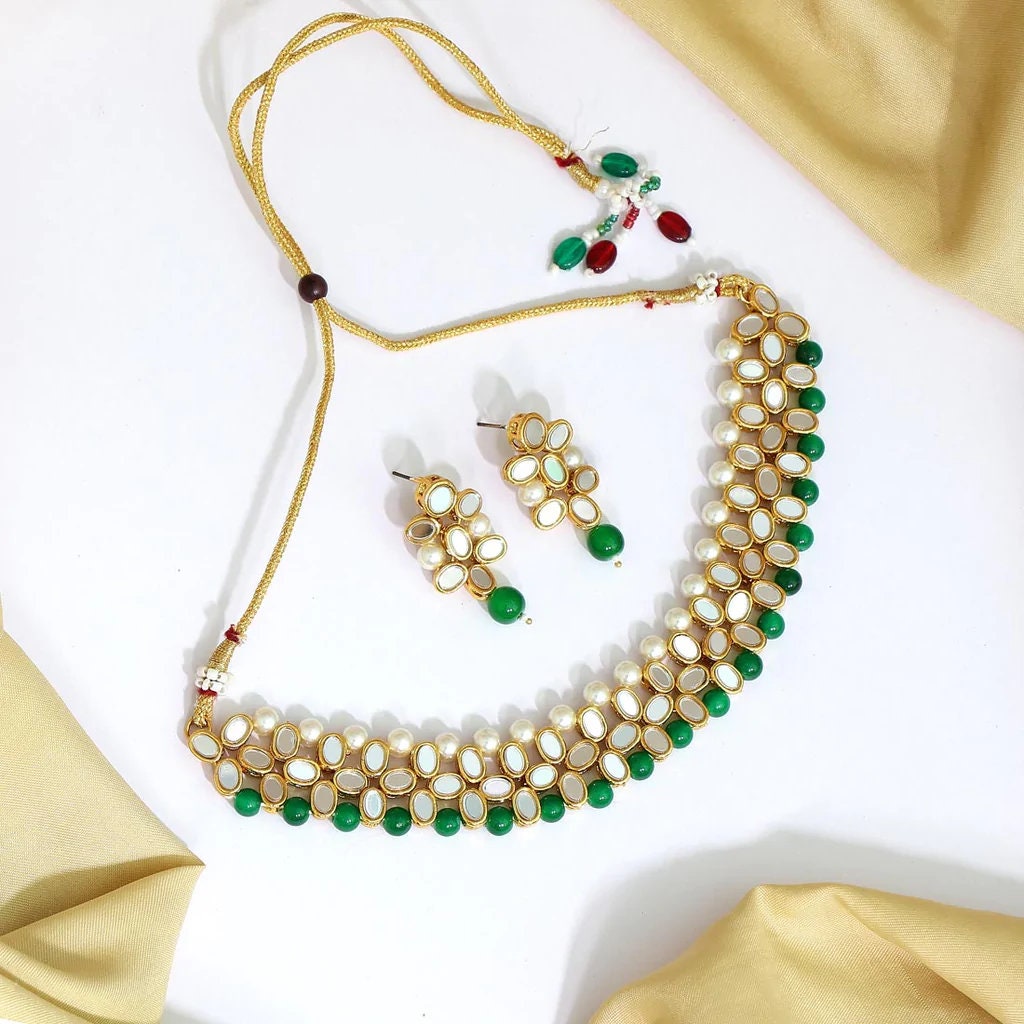 Kundan Mirror Choker Necklace Set: Green Earrings, Pearl Jewelry