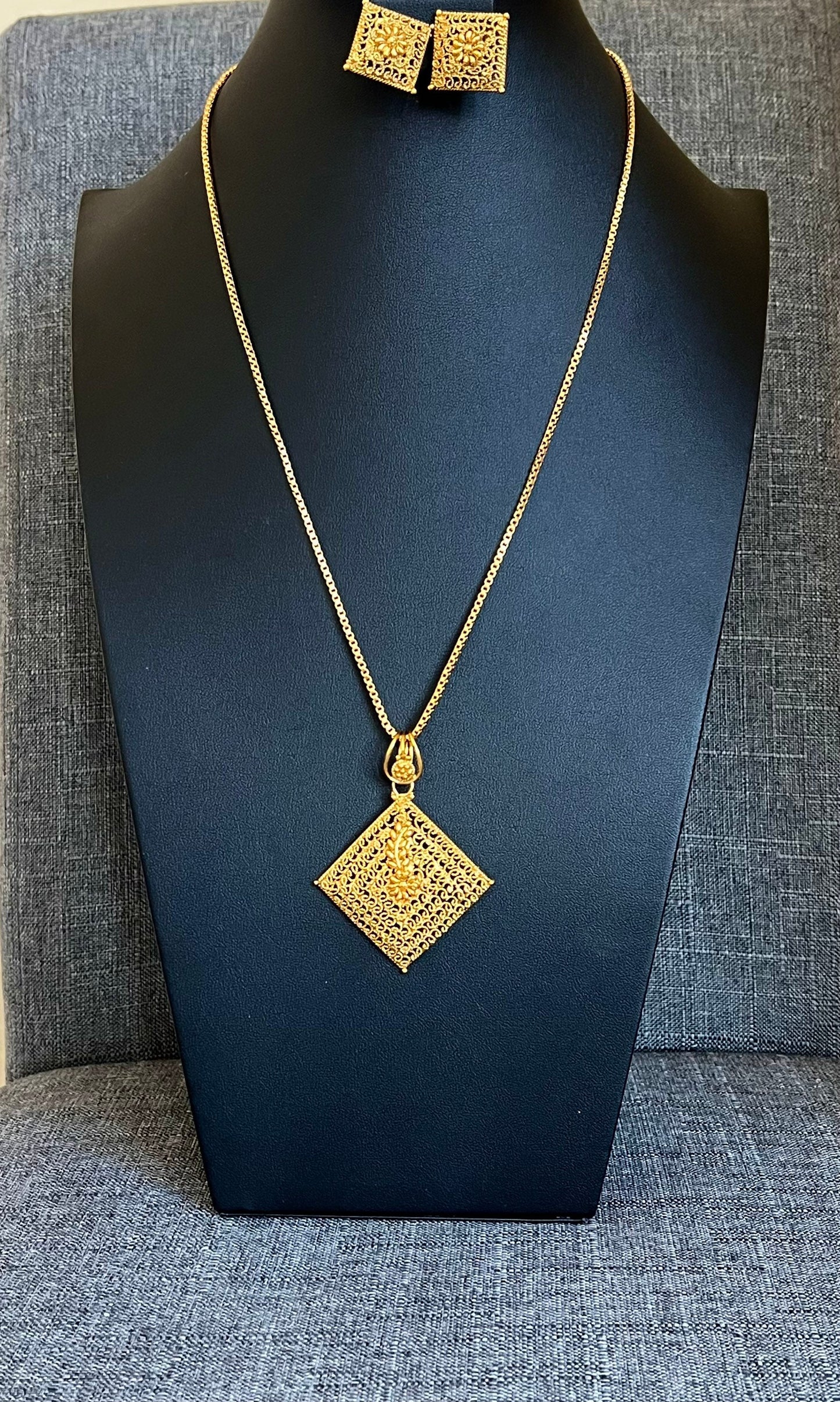 Gold Plated Haaram: Indian Temple Jewelry Necklace with Earrings
