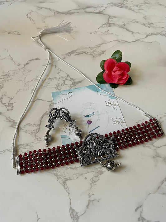 Oxidized Krishna Choker Necklace with Earrings: Red Beads