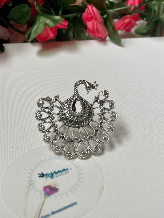 Oxidized Silver Peacock Ring: Adjustable Ghungaroo Ring
