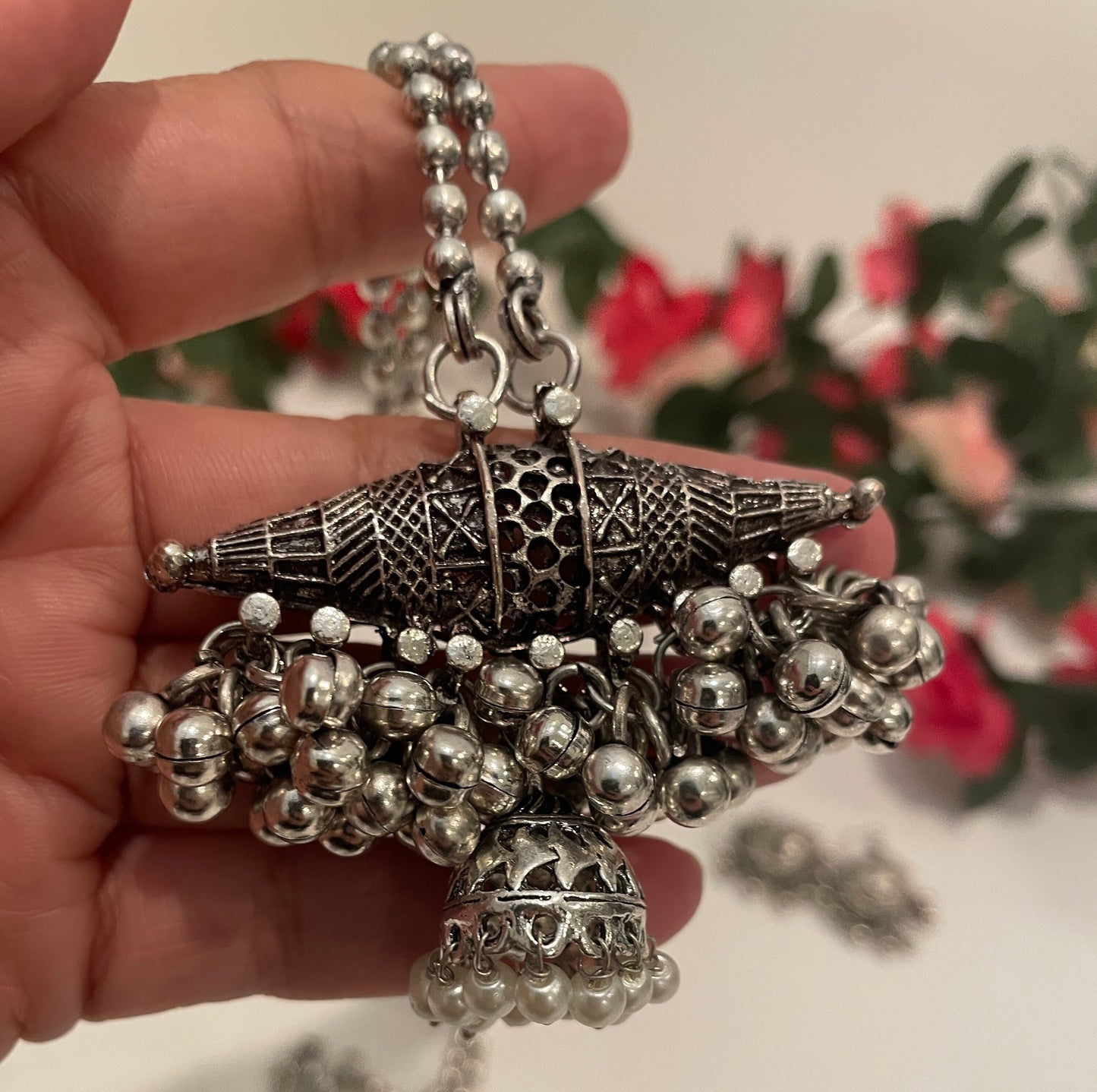 Oxidized Ghungaroo Necklace & Jhumki Earring Set: Indian Mala Jewelry