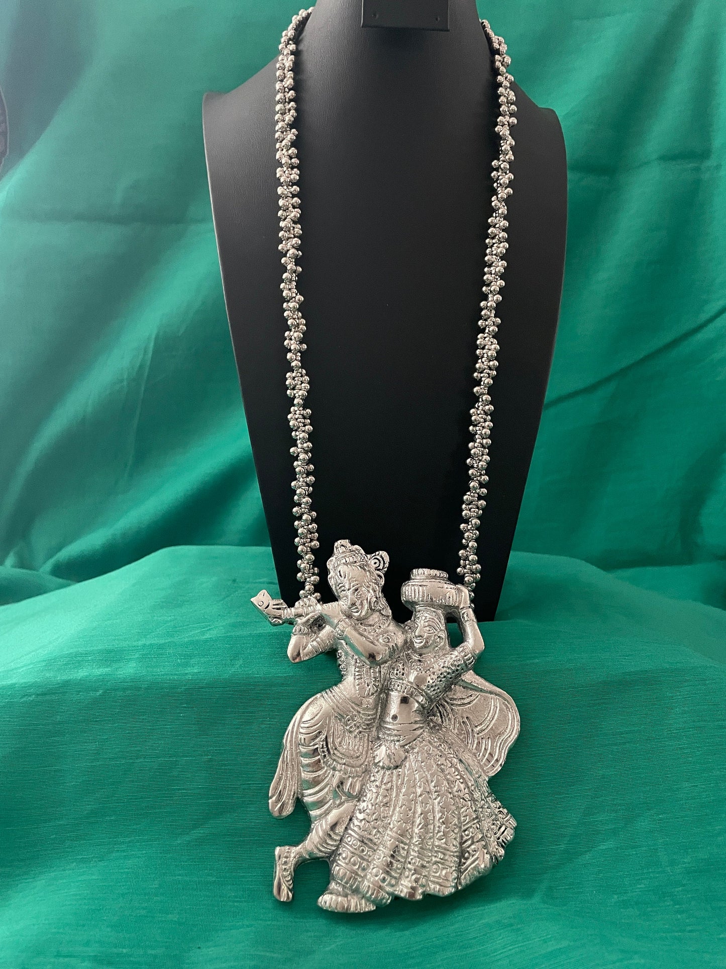 Oxidized Radha Krishna Ghungaroo Necklace with Hoop Earrings