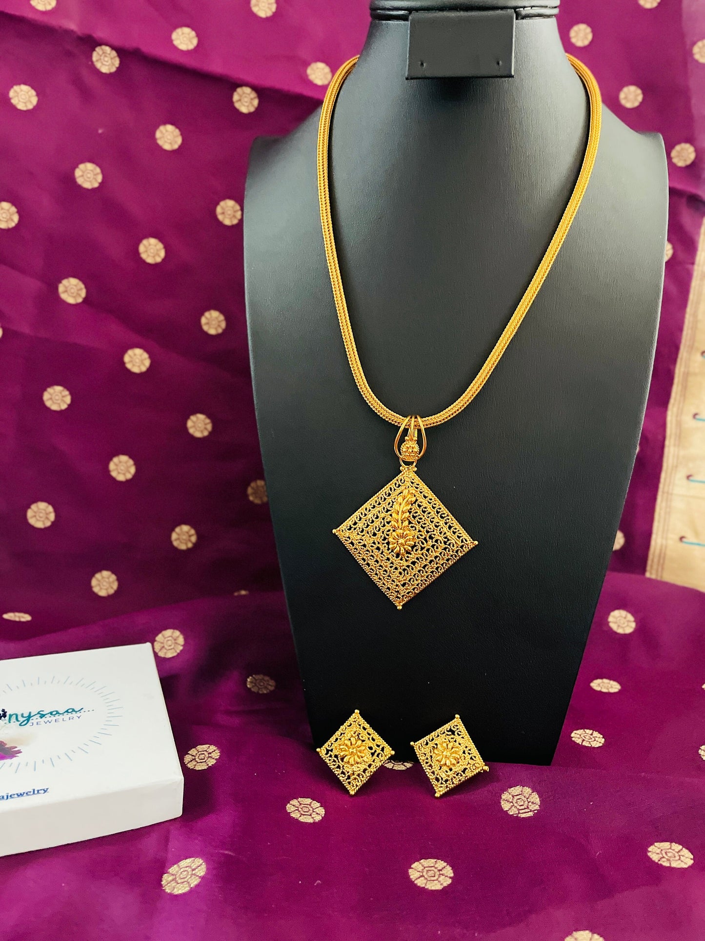 Gold Plated Haaram: Indian Temple Jewelry Necklace with Earrings