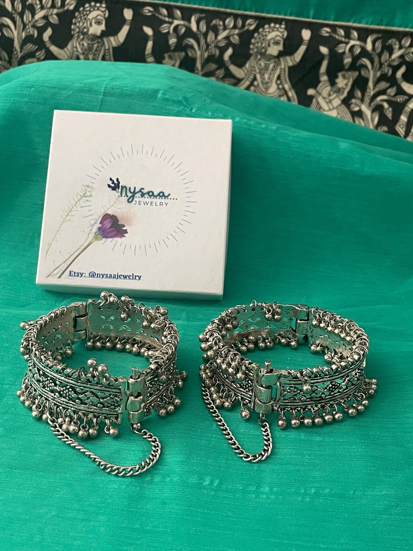 Oxidized Ghungaroo Cuff Bracelet: Adjustable Silver Bangle