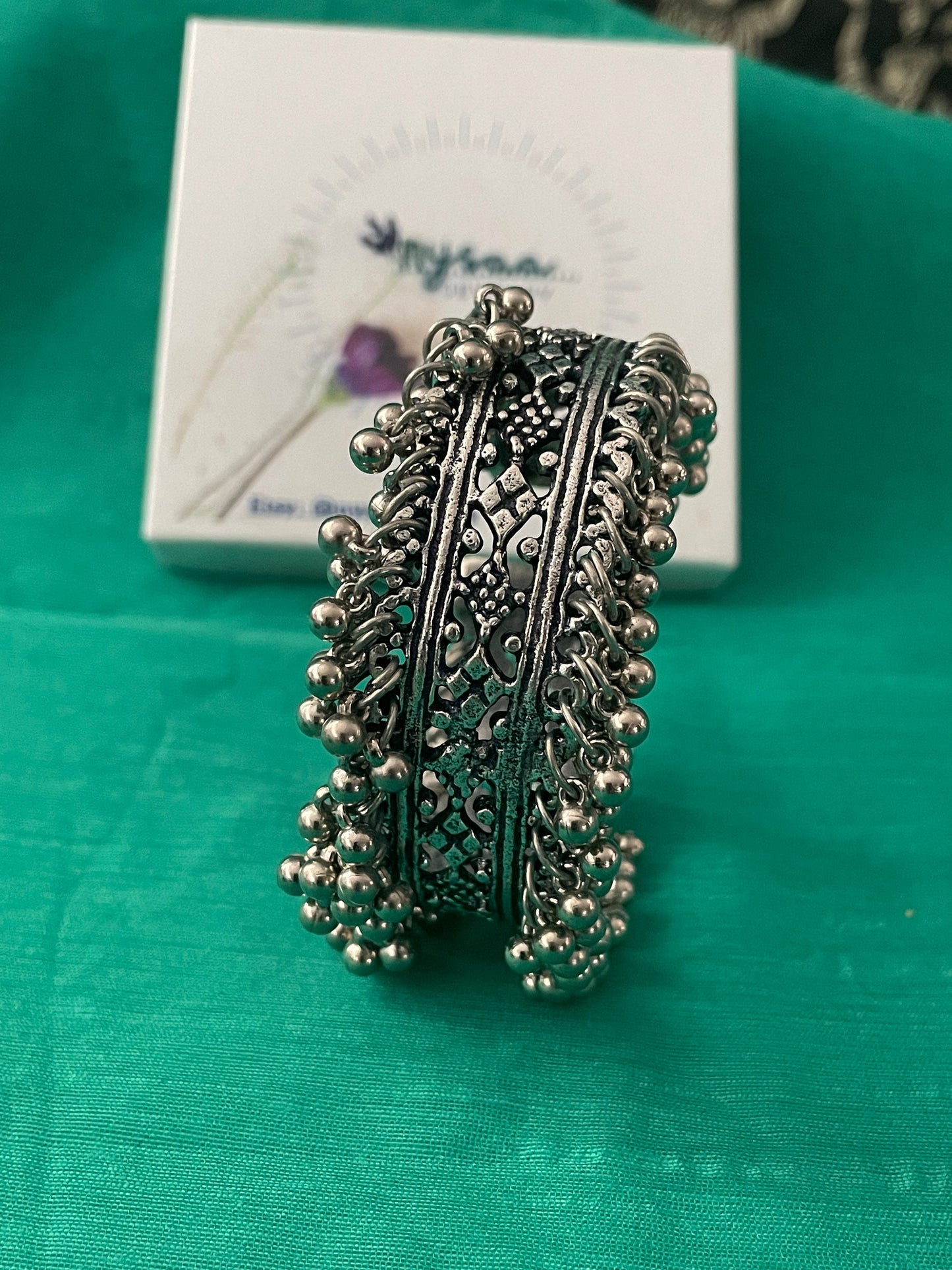Oxidized Ghungaroo Cuff Bracelet: Adjustable Silver Bangle