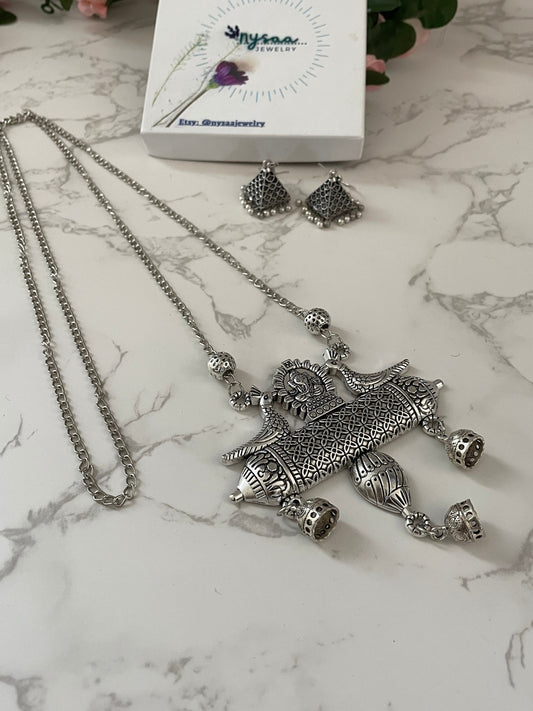 Oxidized Ganapati Pendant Necklace Set: Adjustable Jhumki Earrings