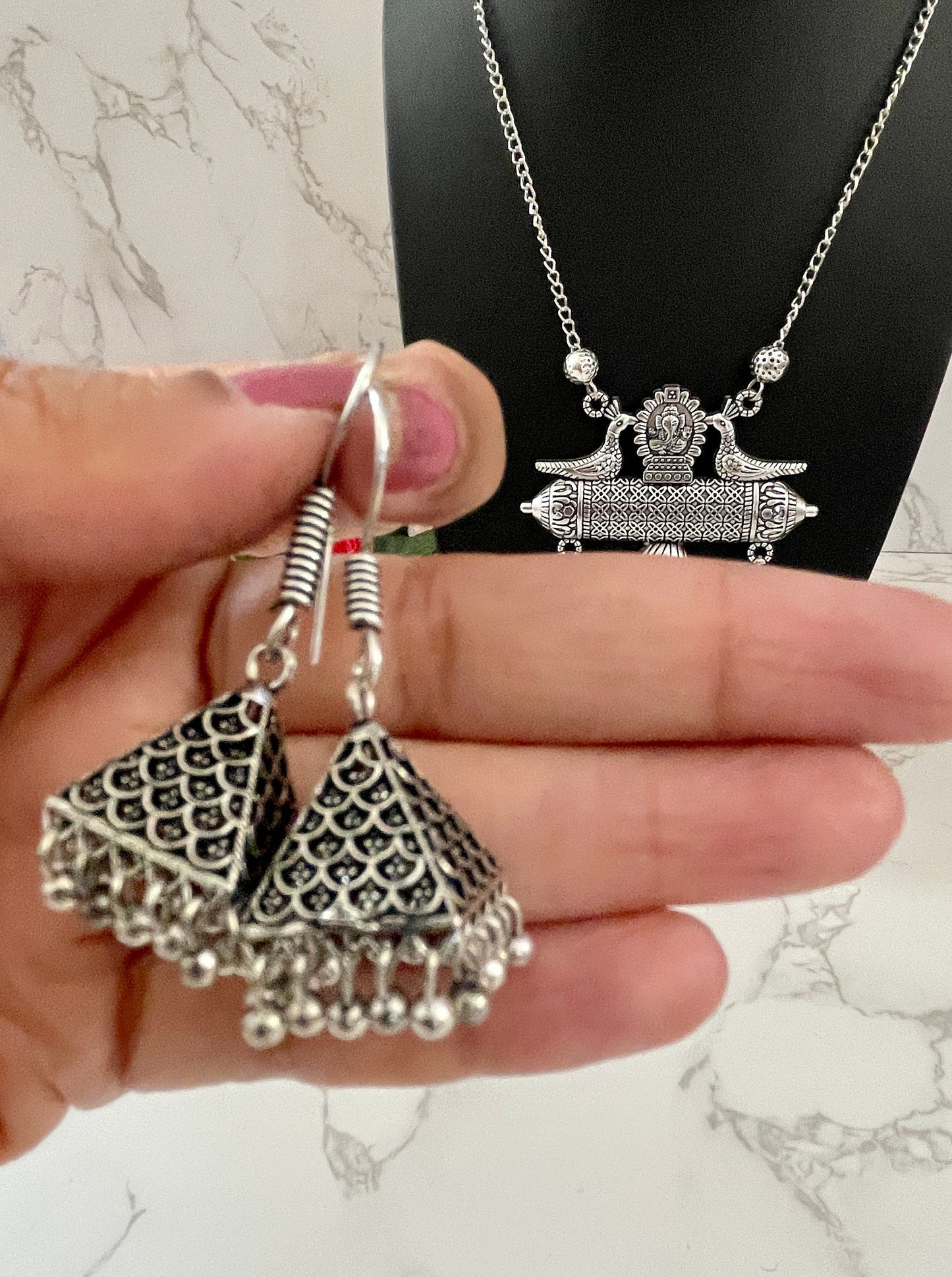 Oxidized Ganapati Pendant Necklace Set: Adjustable Jhumki Earrings