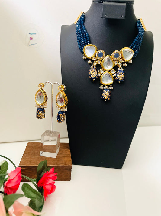 Kundan & MonaLisa Necklace Set: Blue Indian Neckpiece with Earrings