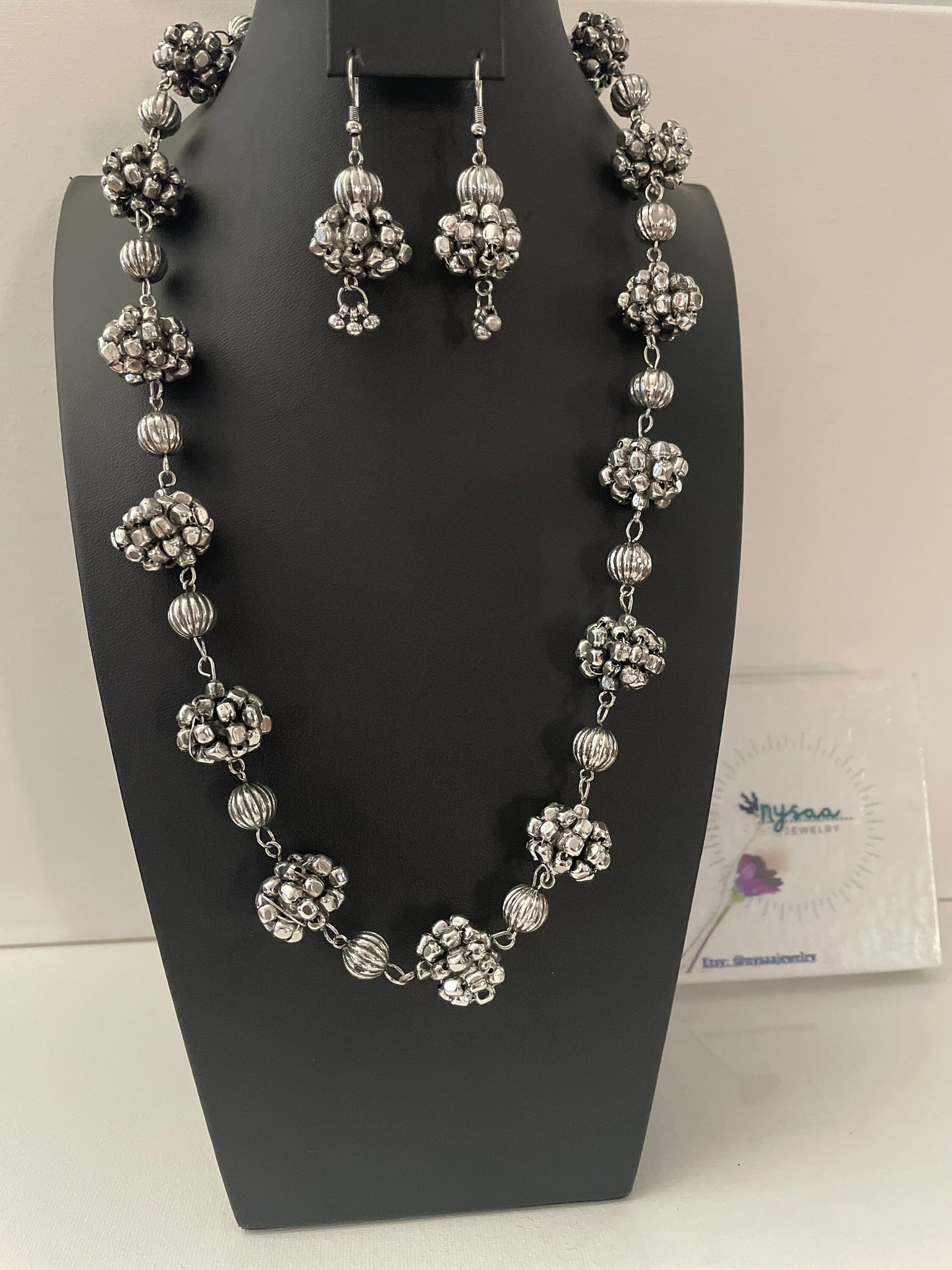 Oxidized Indian Necklace Set: Navratri Jewelry, Adjustable Length