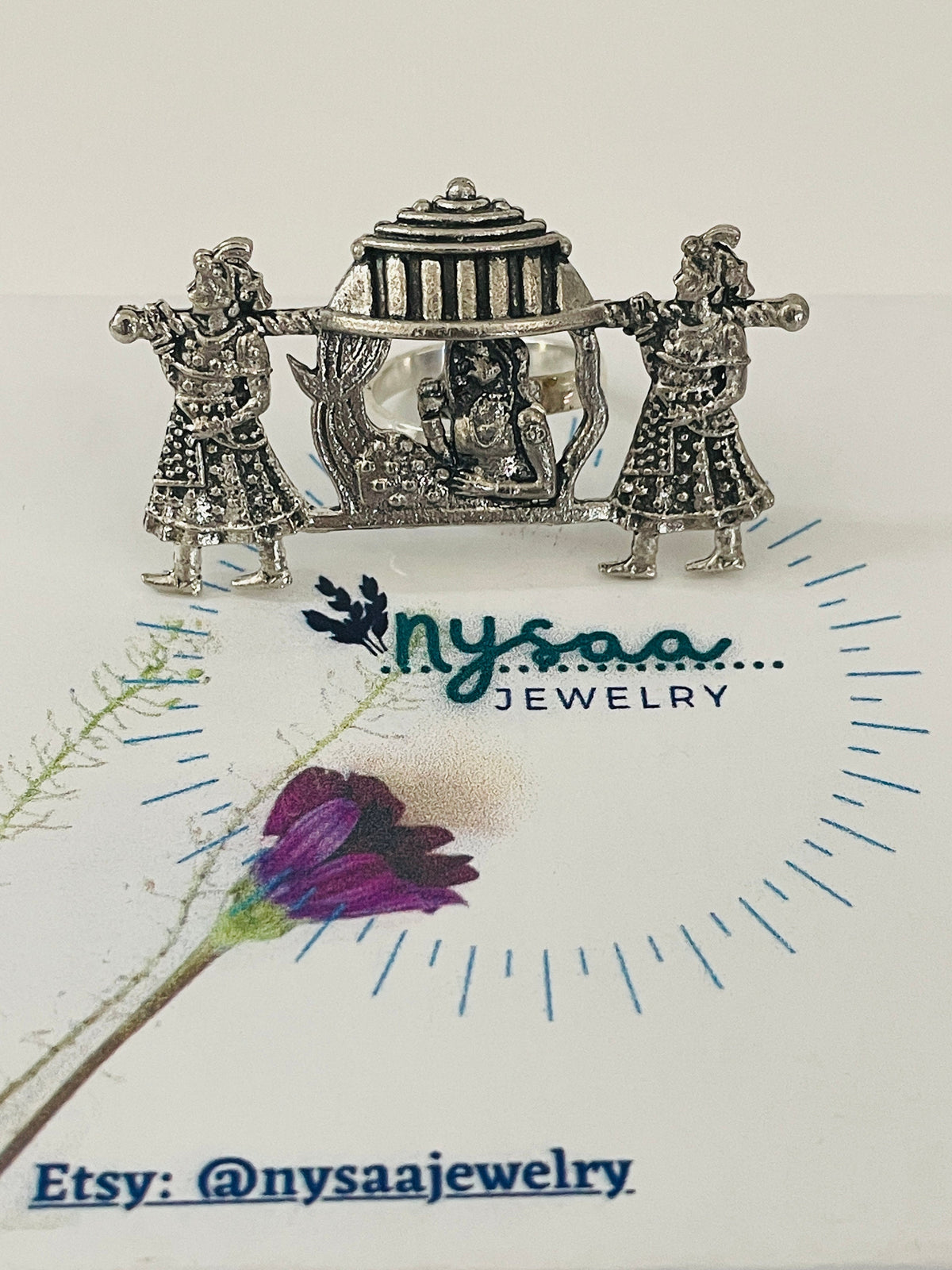 Oxidized Silver Radha Krishna Ring: Adjustable Oversized Statement