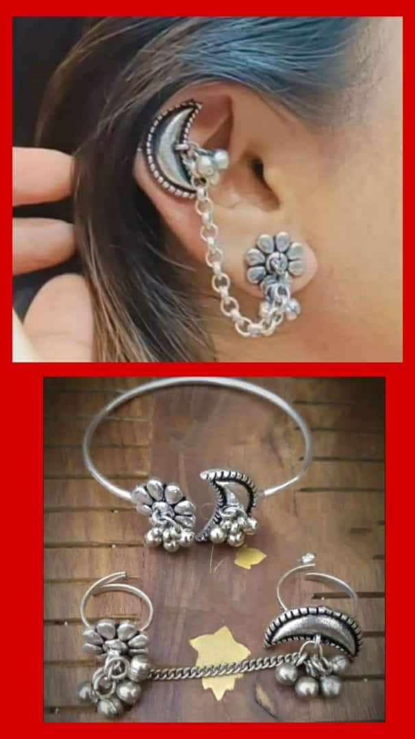Adjustable chain ring in moon n flower setting | matching bracelet