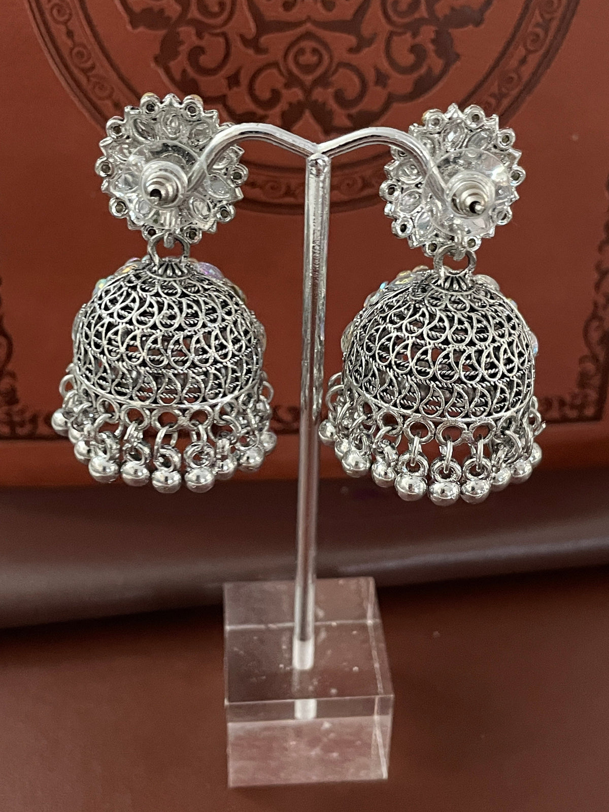 Oxidized Jhumkis rhinestone Earrings: Traditional Indian Style, 2-inch Length