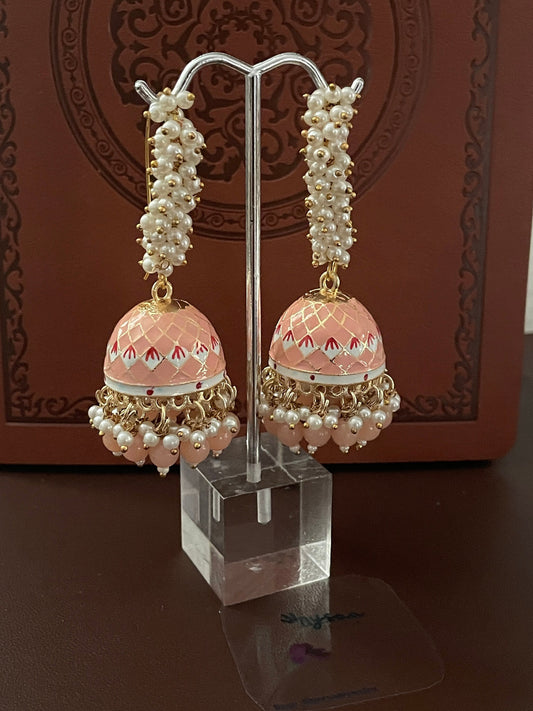 Pink Minakari Pearl Jhumka Earrings: Indian Bollywood Jewelry