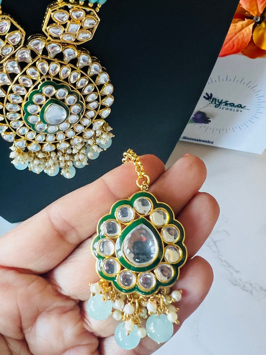 Aqua Kundan Necklace Set: Multilstrand Beaded long necklace Indian Jewelry