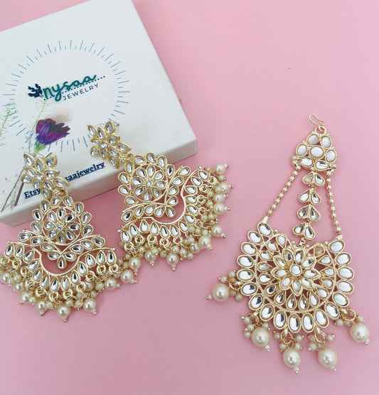 Kundan Chandbali Earrings: Ivory Pearl Pasa Set, Gold-Tone Finish