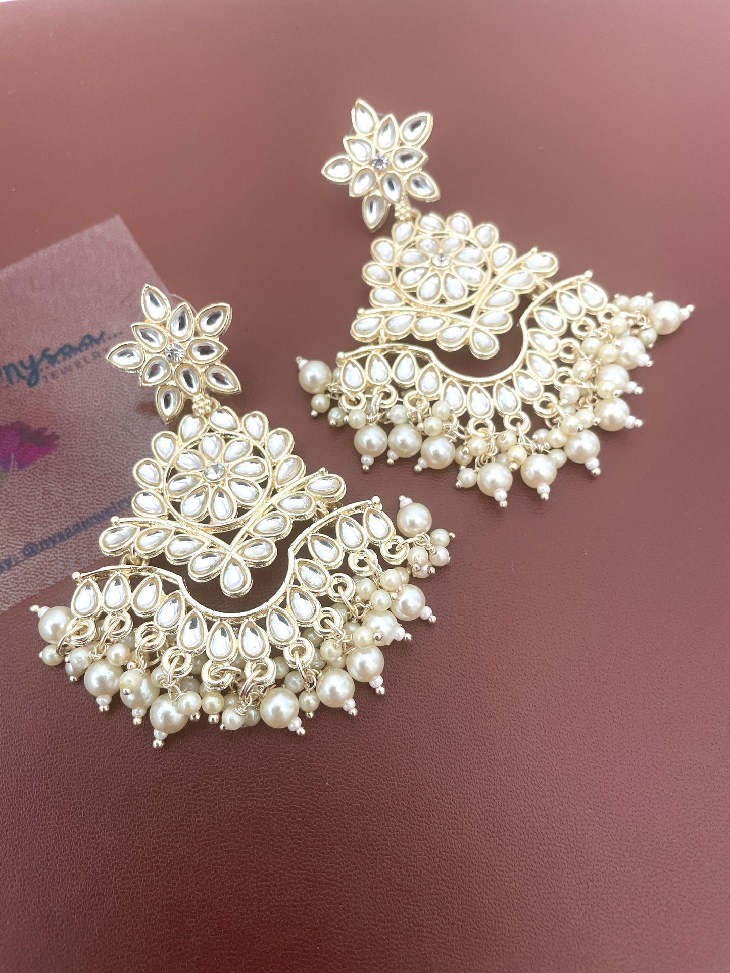 Kundan Chandbali Earrings: Ivory Pearl Pasa Set, Gold-Tone Finish
