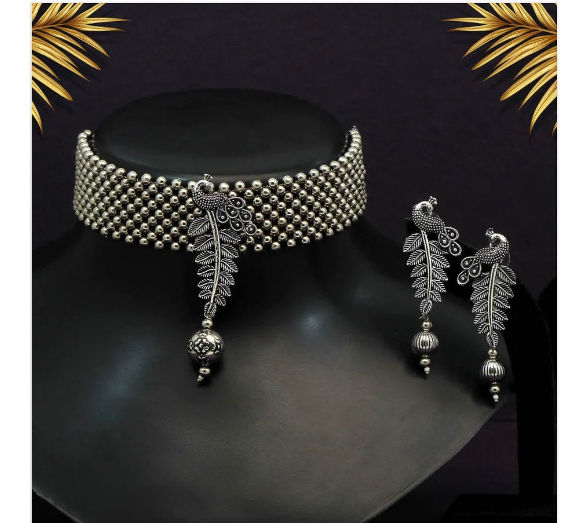 Oxidized Krishna Choker Necklace with Earrings: Red Beads