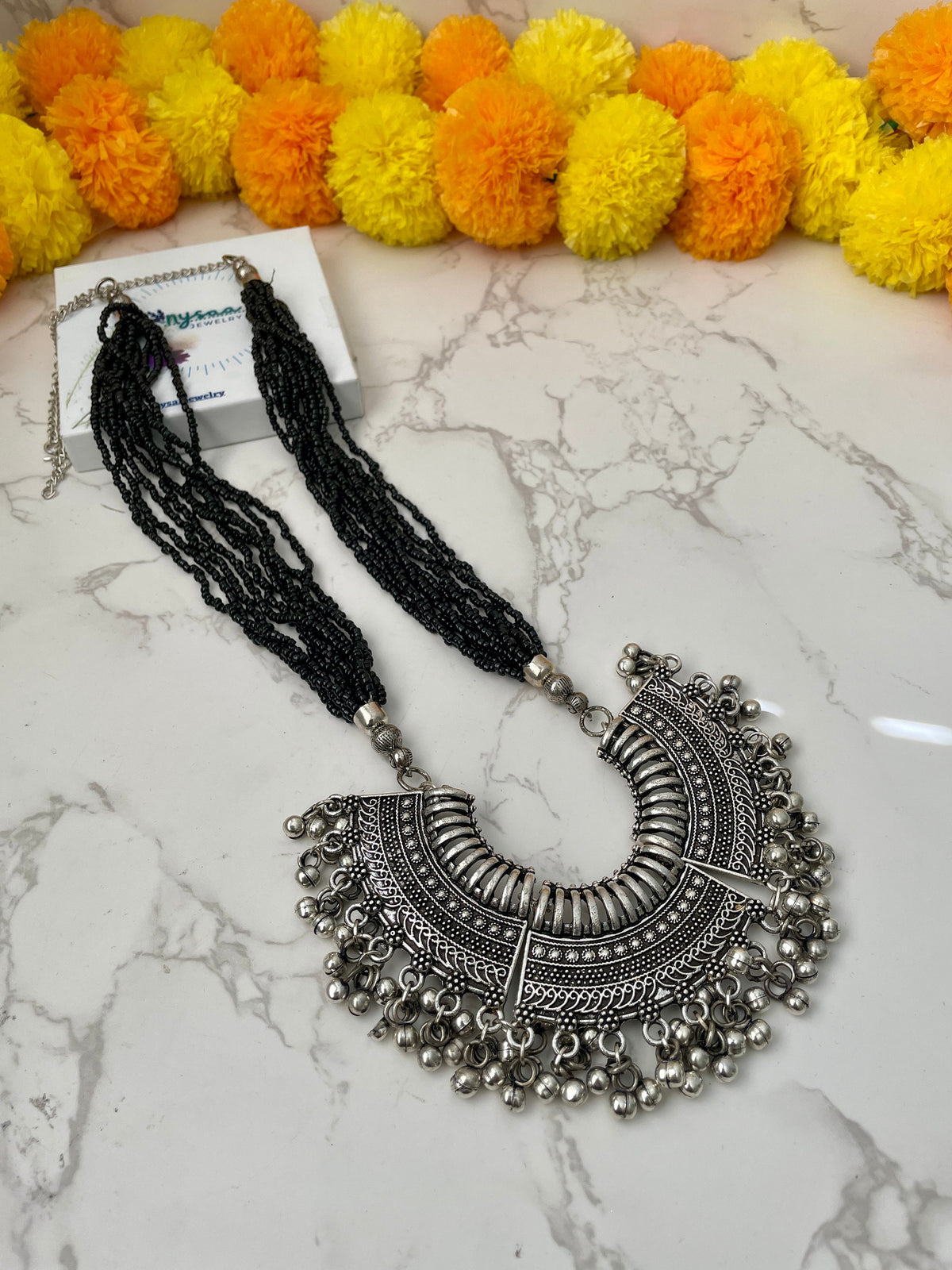 Long Oxidised big pendant beads necklace | Bollywood statement jewelry | Oxidized Necklace