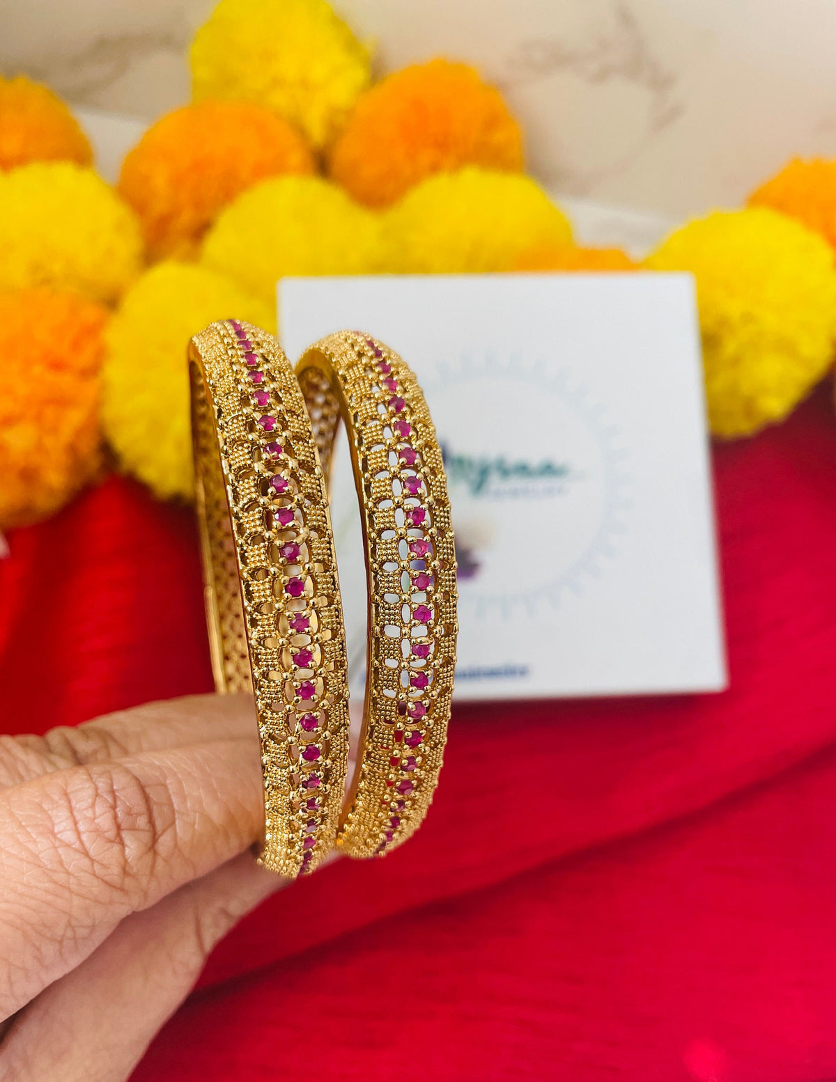 Gold Plated Indian Bangles with Ruby Gems: Lightweight Wedding Jewelry