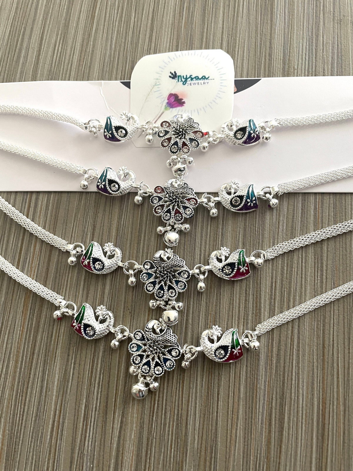 Silver lookalike Minakari Indian Anklets with Bells