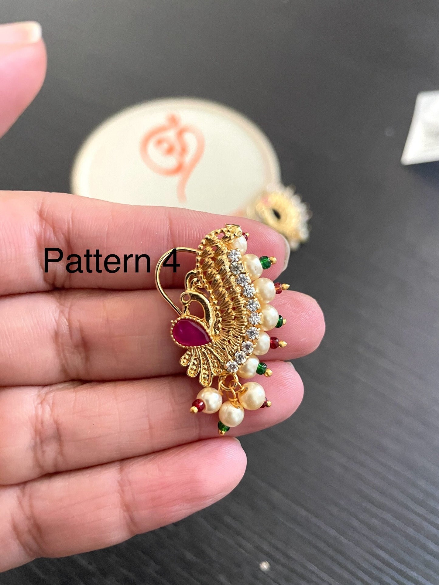 Maharashtrian Pearl Nath: Gold Plated Nose Clip-On - Traditional Indian Jewelry