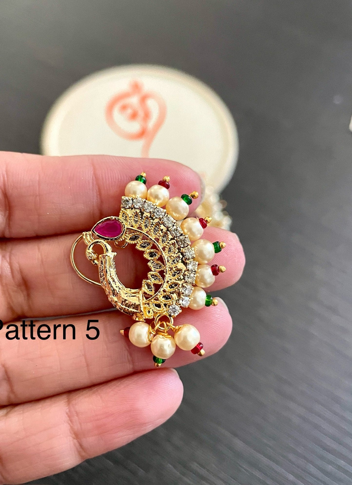Maharashtrian Pearl Nath: Gold Plated Nose Clip-On - Traditional Indian Jewelry