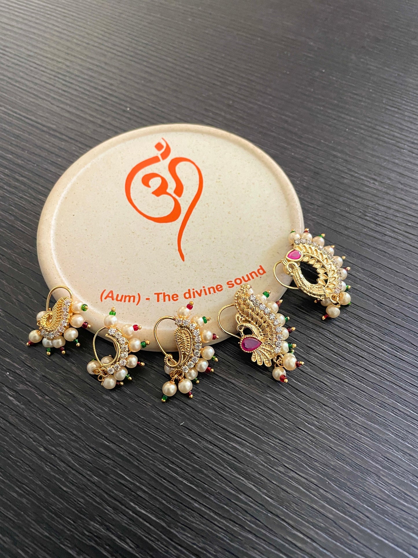 Maharashtrian Pearl Nath: Gold Plated Nose Clip-On - Traditional Indian Jewelry