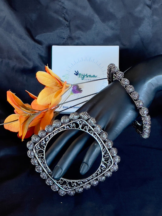Black Oxidized Bangle Set: German Silver Adjustable Cuff