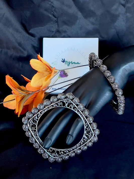 Black Oxidized Bangle Set: German Silver Adjustable Cuff