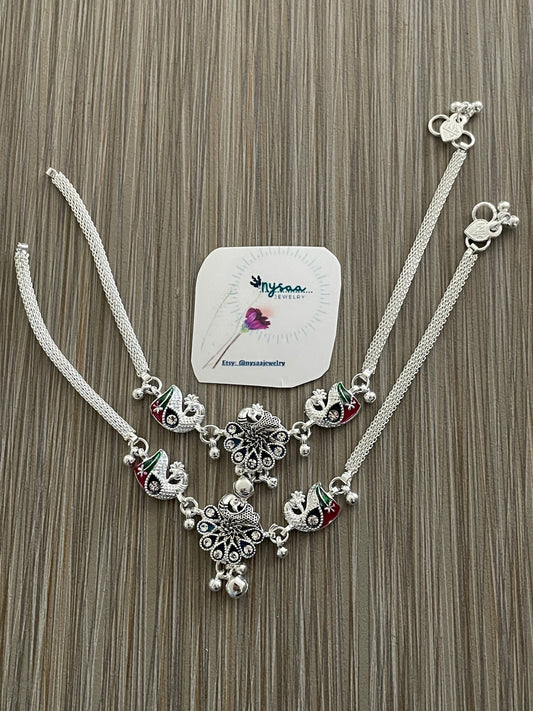 Silver lookalike Minakari Indian Anklets with Bells