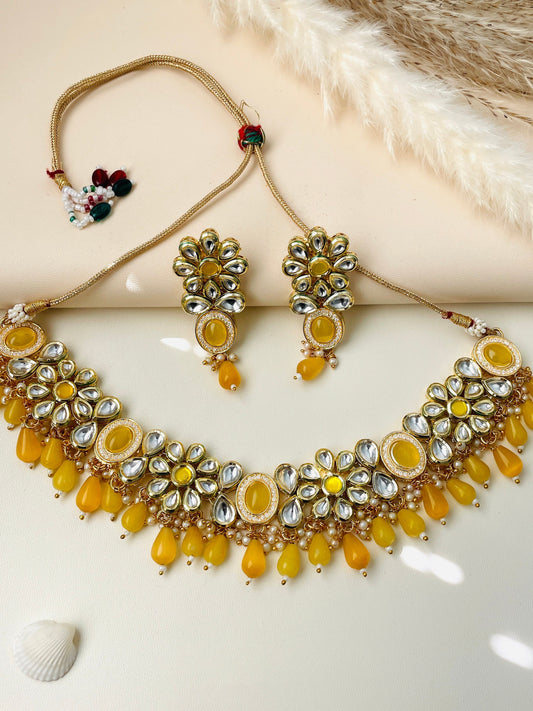 Yellow Kundan Choker Set: Bridal Jewelry with Pearls & CZ