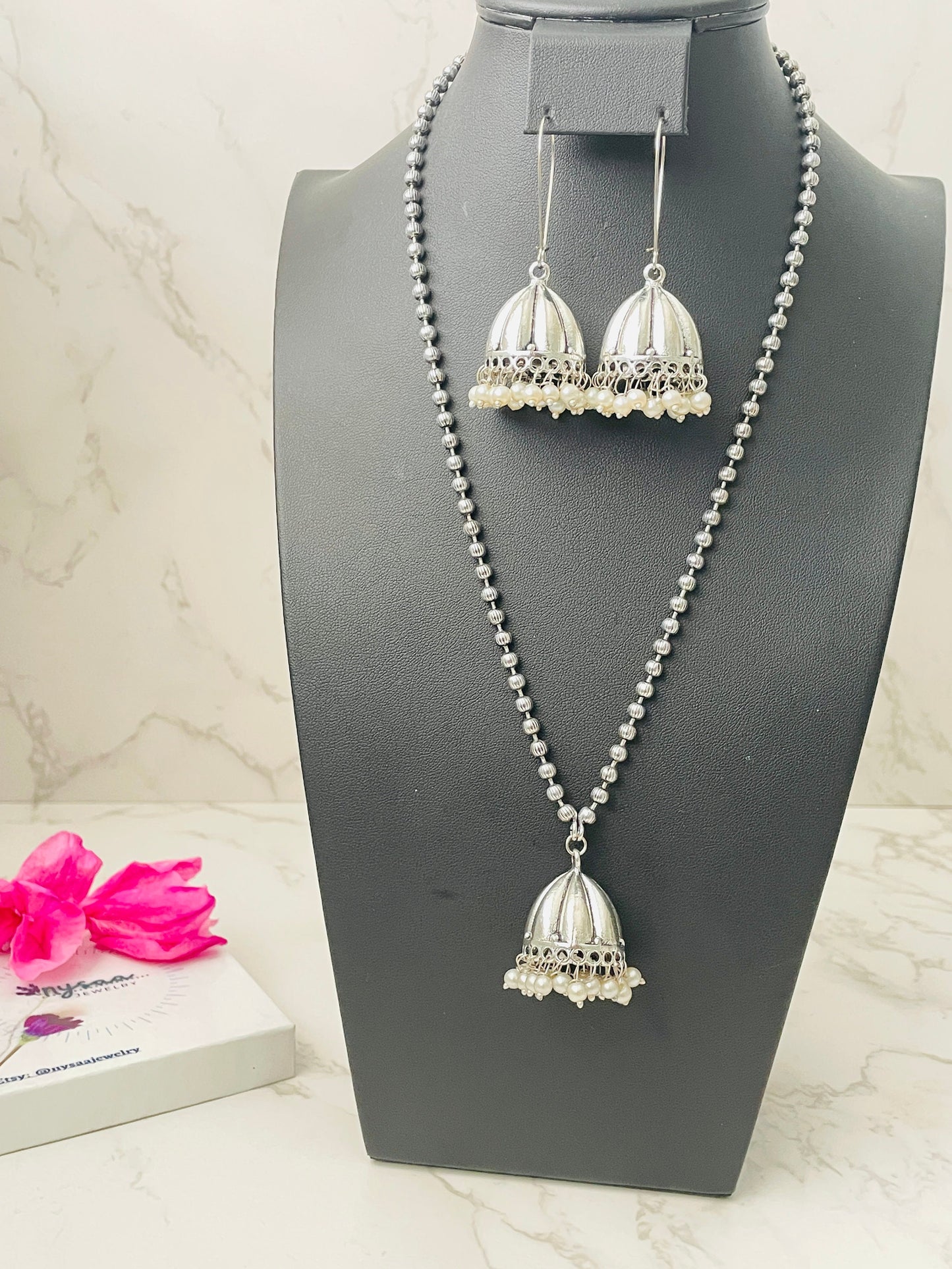 Oxidized Silver Jhumka Necklace & Earring Set - 22 Inch