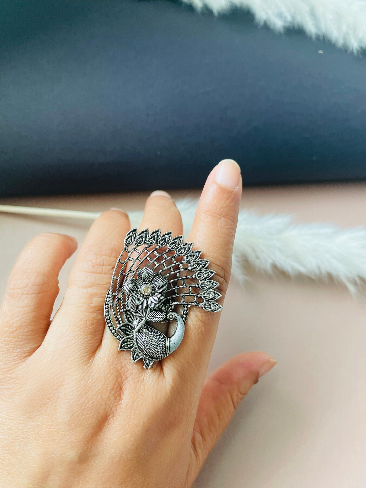 Oxidized Peacock Ring: Adjustable Lightweight Statement Ring