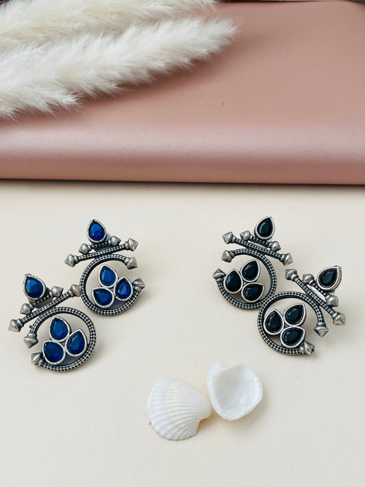 Oxidized Stud Earrings: Blue or Black Stone Ethnic Style