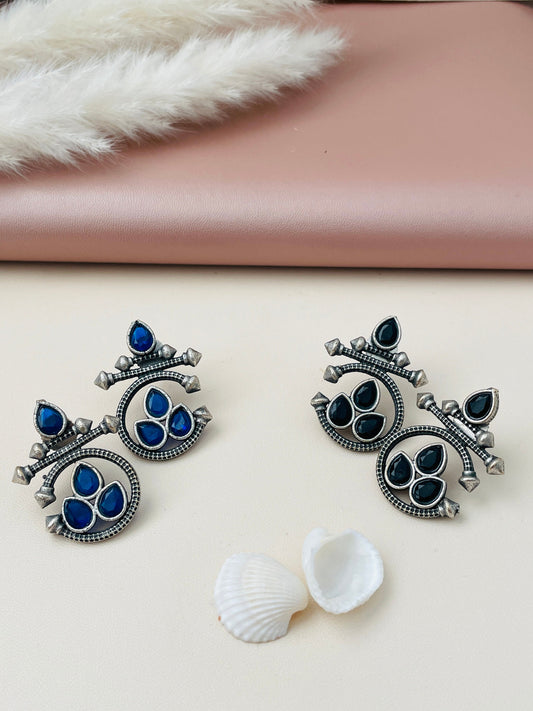 Oxidized Stud Earrings: Blue or Black Stone Ethnic Style