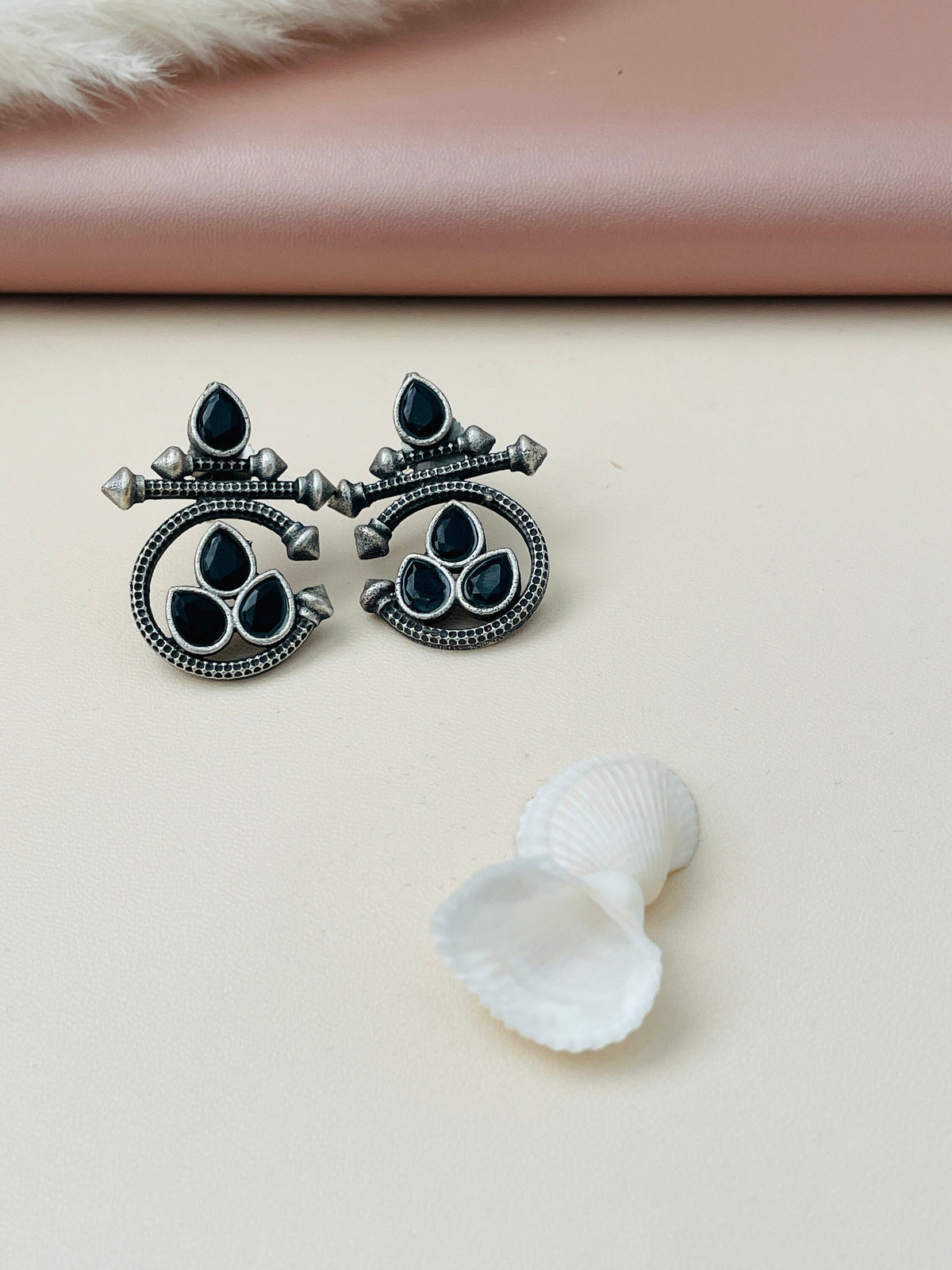 Oxidized Stud Earrings: Blue or Black Stone Ethnic Style