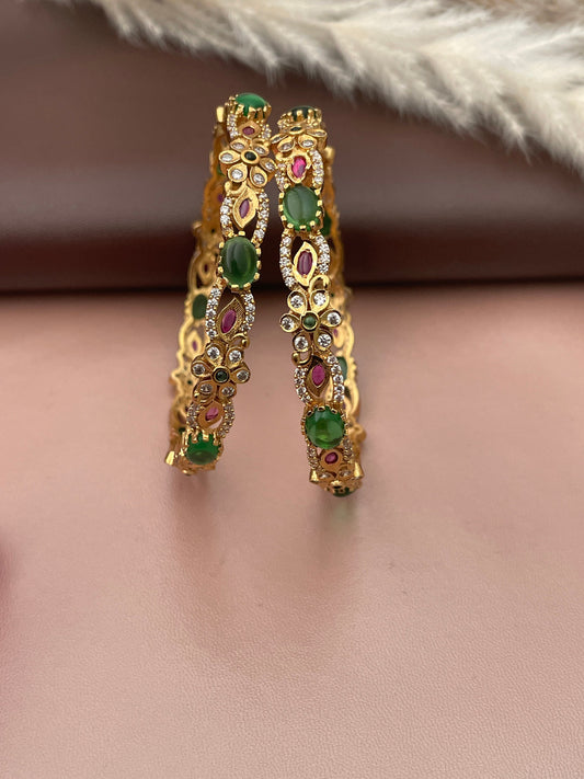 Yellow Gold Plated Bangles: AD Ruby & Green Stone, North Indian Style