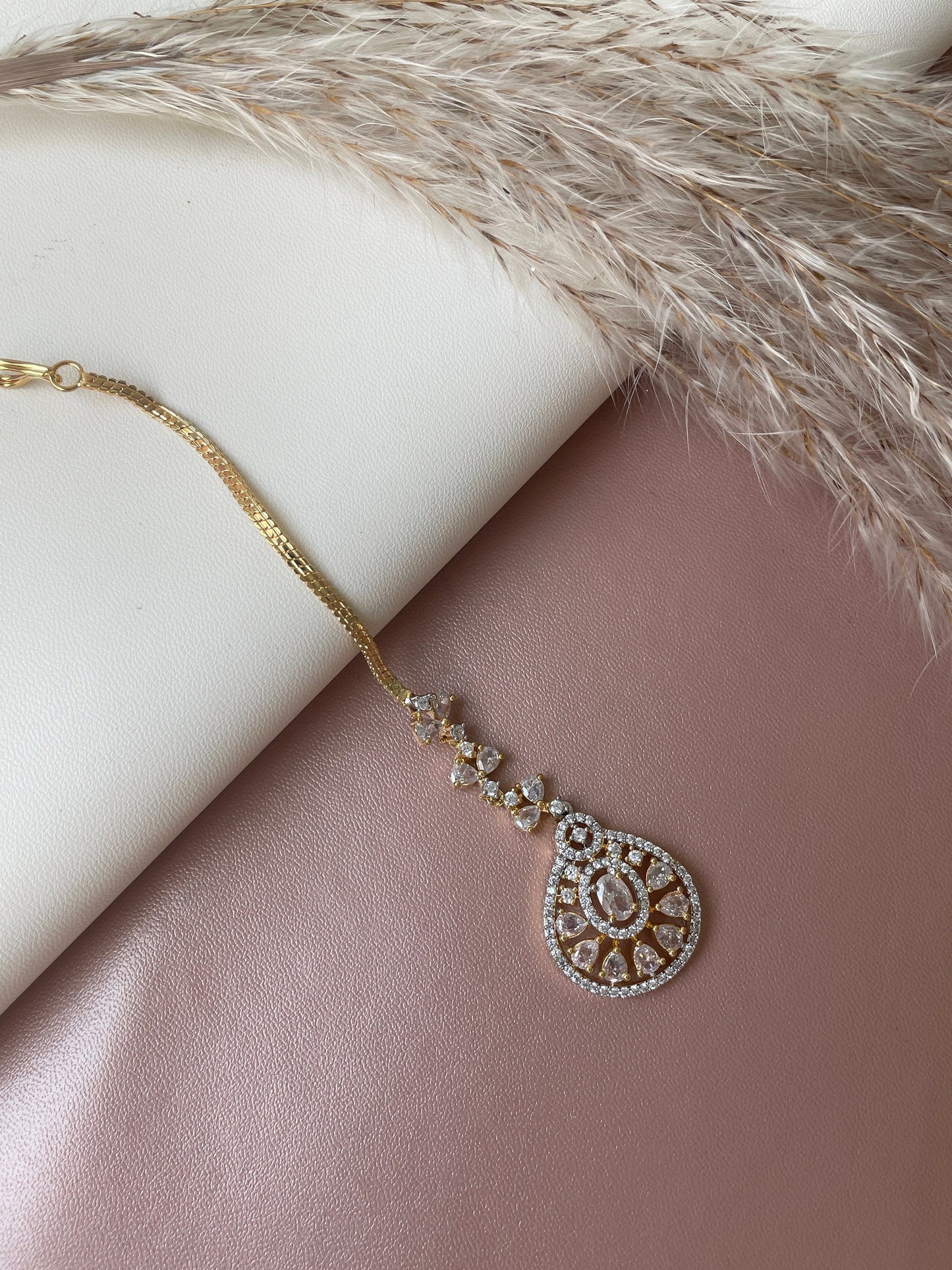 CZ Maang Tikka: Gold or Rhodium Plated Indian Headpiece