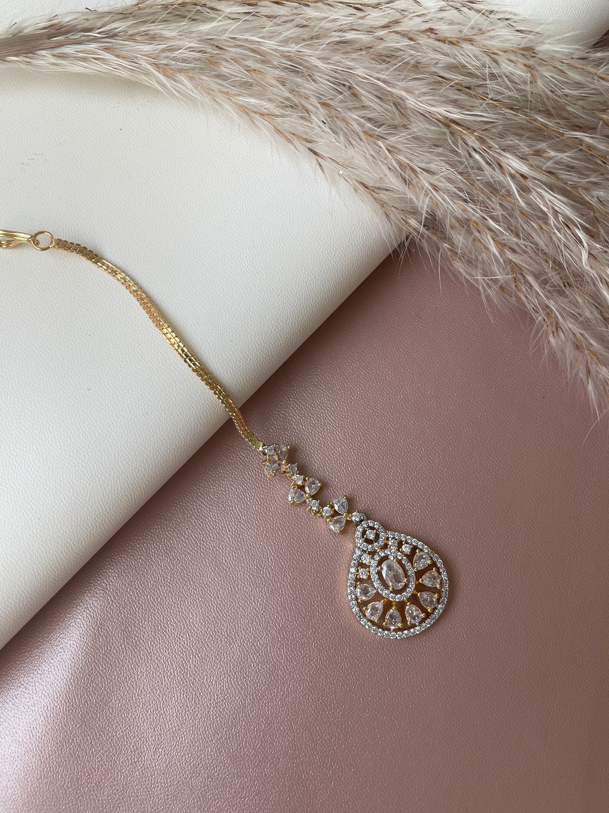 CZ Maang Tikka: Gold or Rhodium Plated Indian Headpiece