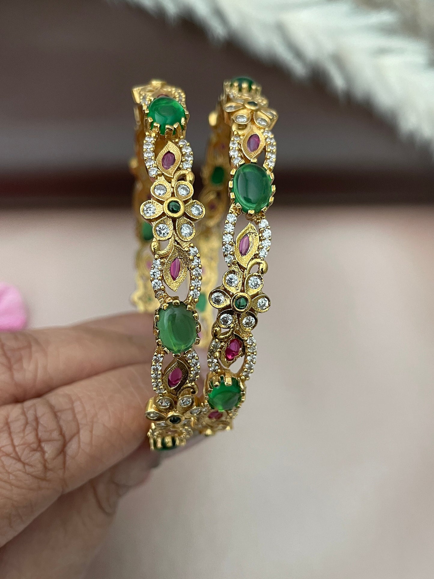 Yellow Gold Plated Bangles: AD Ruby & Green Stone, North Indian Style