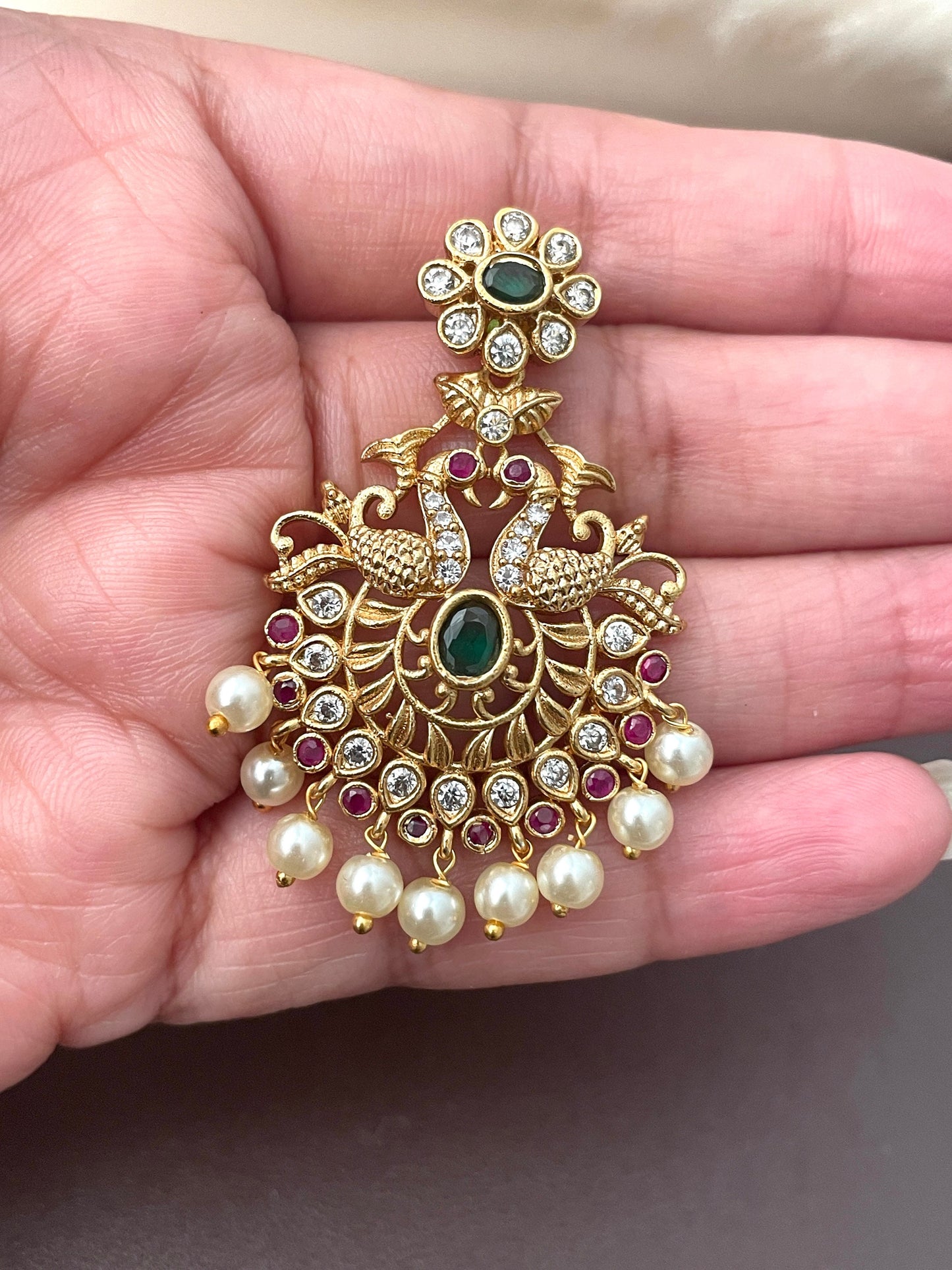 Gold Plated Kemp Stone Peacock Earrings: Indian Temple Jewelry
