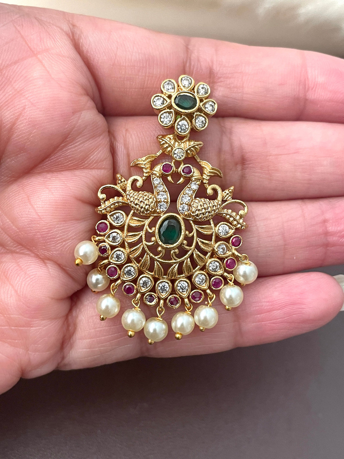 Gold Plated Kemp Stone Peacock Earrings: Indian Temple Jewelry