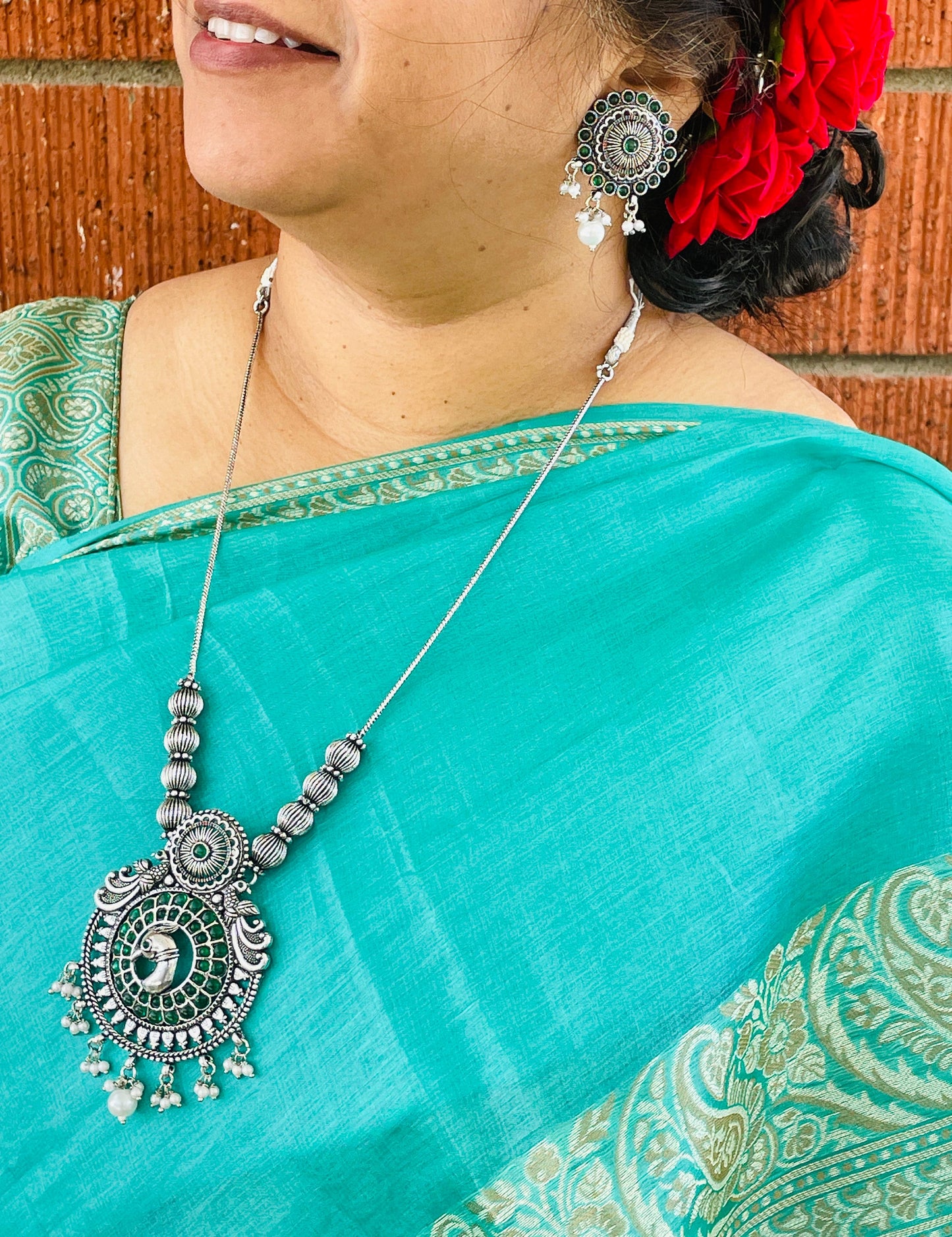 Oxidized Peacock Necklace Set: Kemp Stone Temple Jewelry