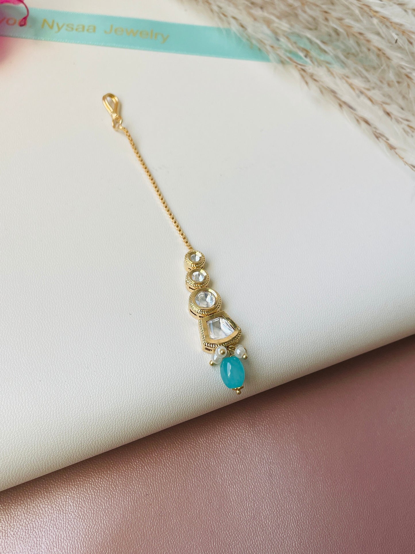 Gold Plated Kundan Maang Tika: Indian Head Jewelry